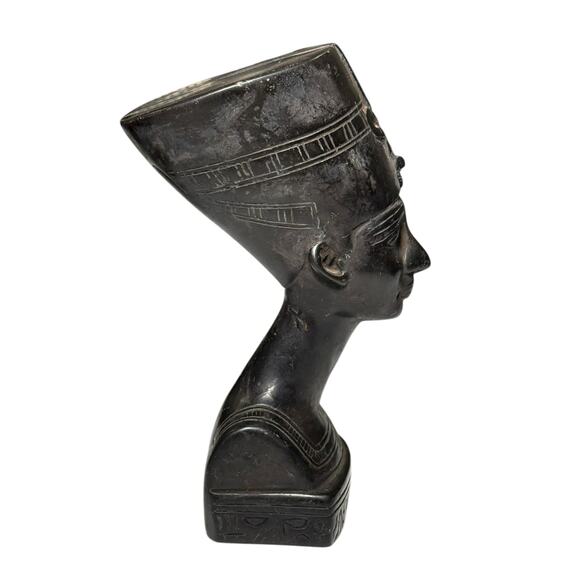 Egyptian King Tut Queen Nefertiti Bust Set Carved Stone Hieroglyphic Black Decor - Picture 12 of 16